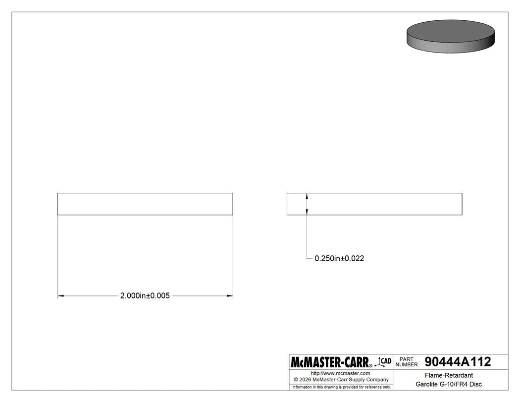 Technical Drawing of Flame-Retardant Garolite G-10/FR4 Disc, 2" Diameter, 1/4" Long.